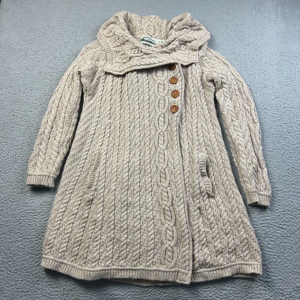 Aran Crafts Womens Merino Wool Oatmeal Asymmetric Cable Knit Sweater Coat XL